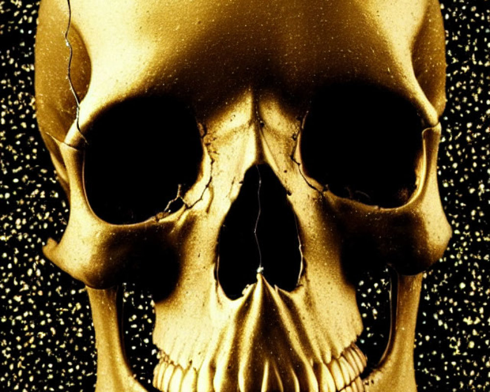 Golden Skull with Cracked Frontal Bone on Glittering Black Background