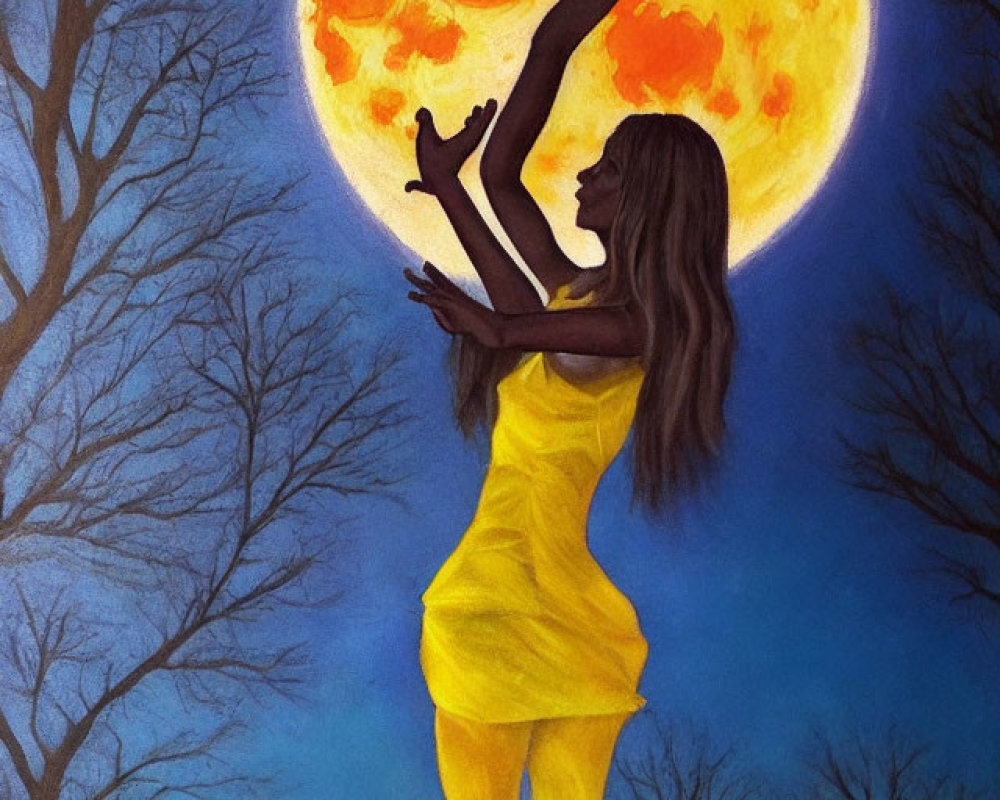 Woman in Yellow Dress Reaches for Orange Moon in Cemetery