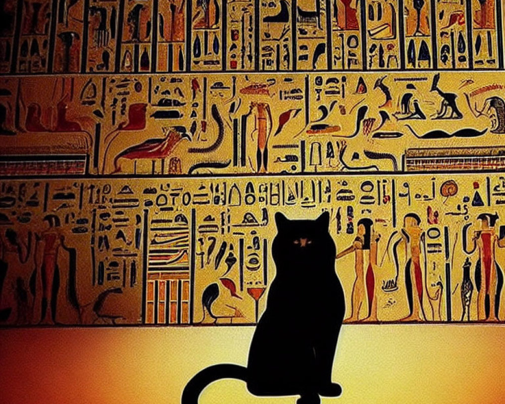 Black cat in front of ancient Egyptian hieroglyphs under golden light