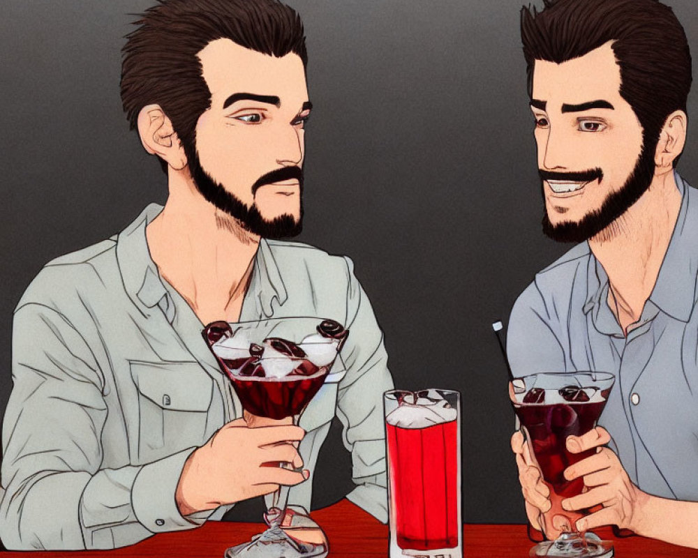 Two dark-haired, bearded men toasting red drinks against grey background