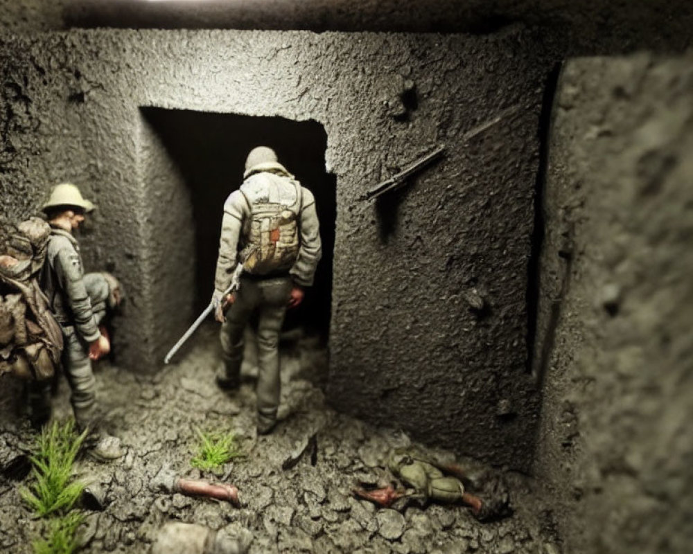 Military Figures Diorama in Dimly Lit Bunker with Guard and Seated Soldier amid Rubble