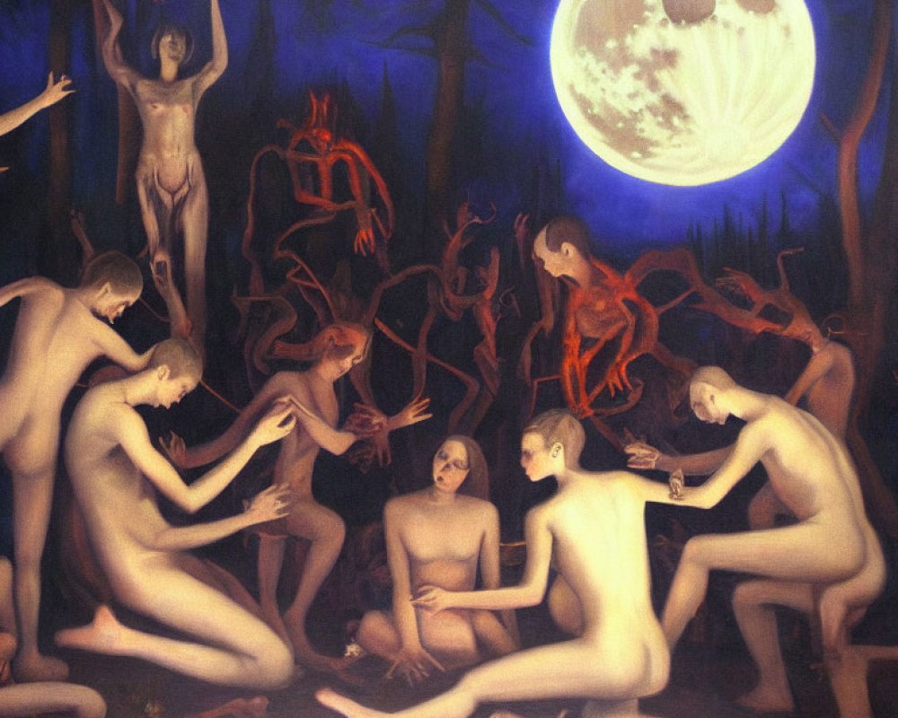 Surrealist nude figures under full moon with fantastical elements