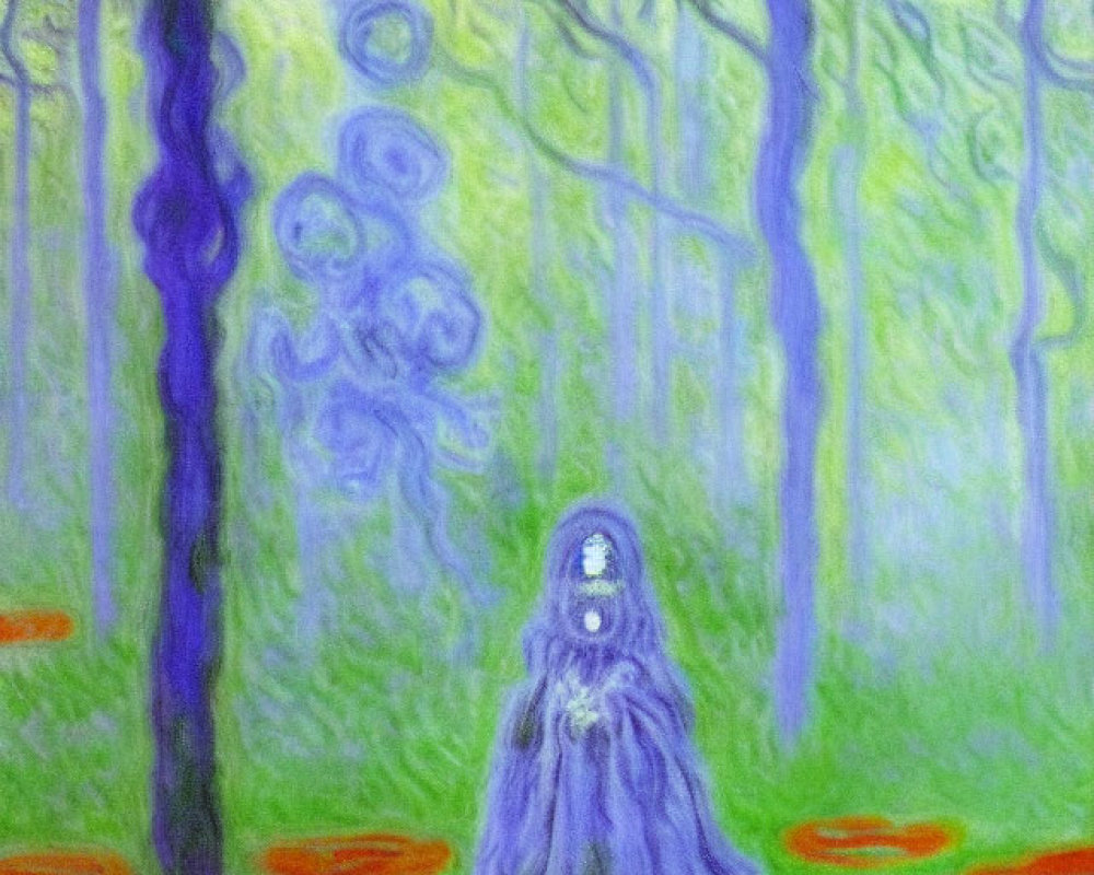 Mystical forest painting with cloaked figure and surreal elements