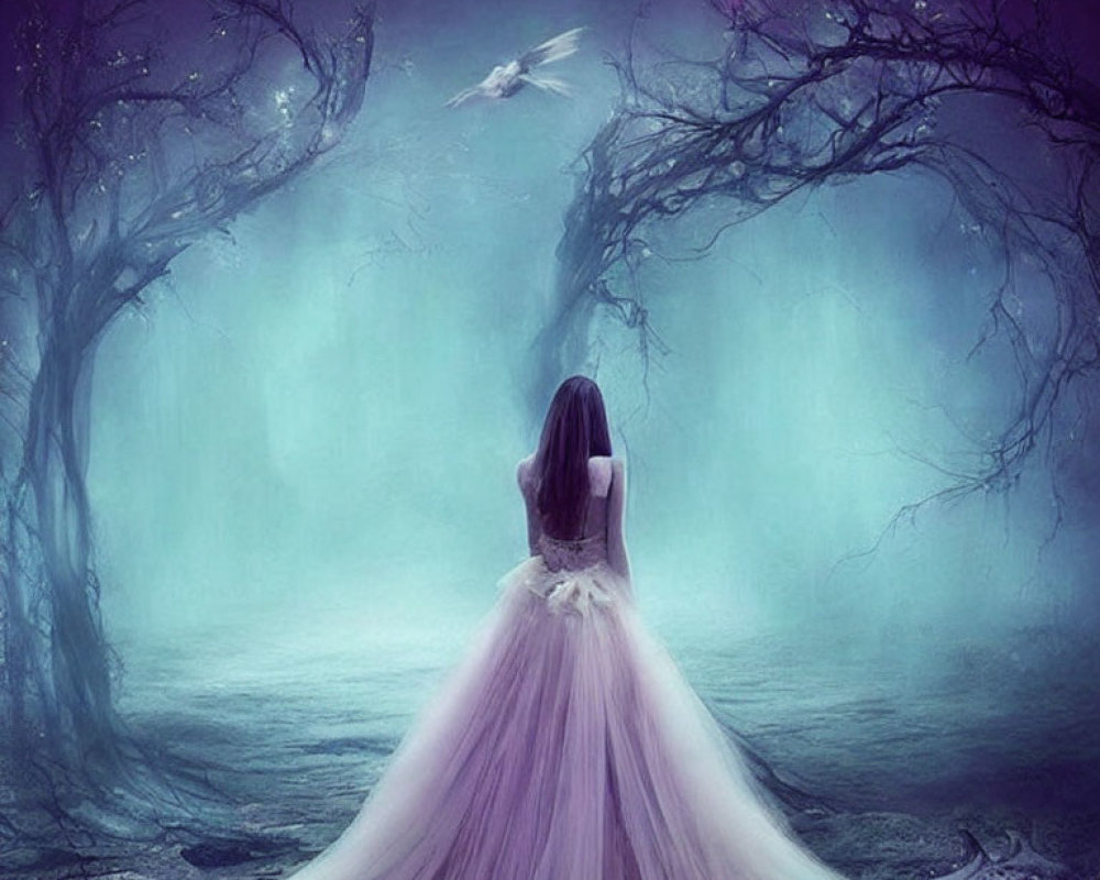 Woman in flowing gown gazes at white bird in mystical forest.