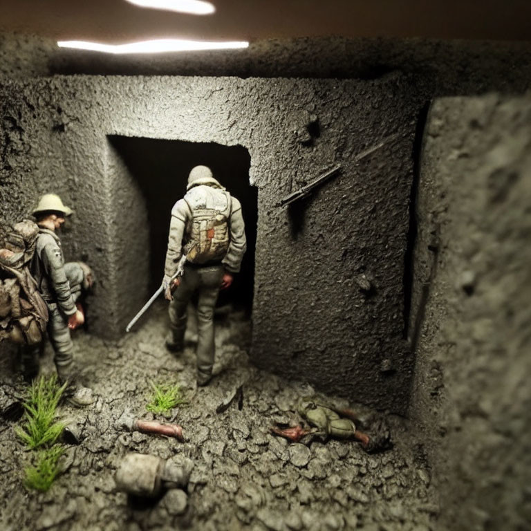 Military Figures Diorama in Dimly Lit Bunker with Guard and Seated Soldier amid Rubble