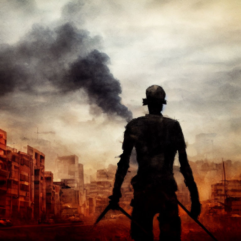 Silhouetted figure in military gear in devastated cityscape with smoke plumes.