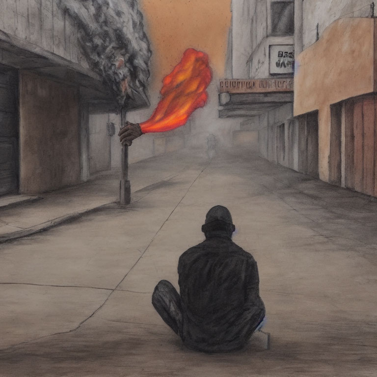Lonely figure on empty street with distant person and flaming trash can