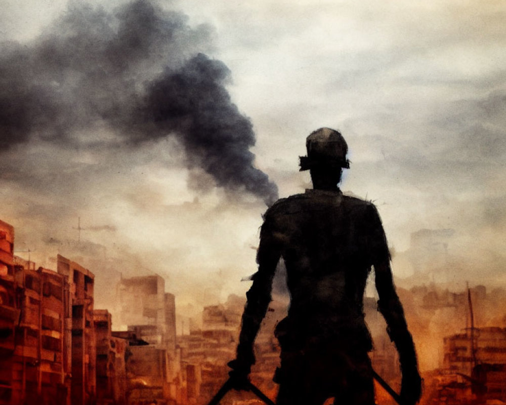 Silhouetted figure in military gear in devastated cityscape with smoke plumes.