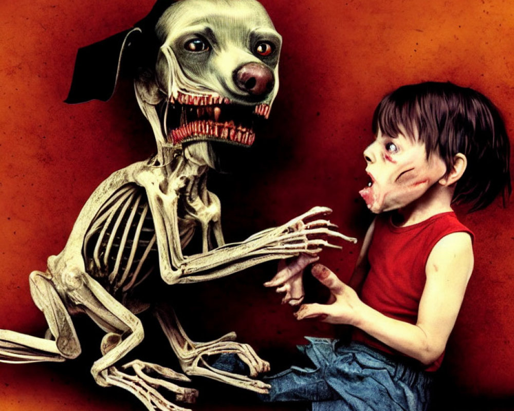 Surreal image of scared child and skeletal dog in tense confrontation