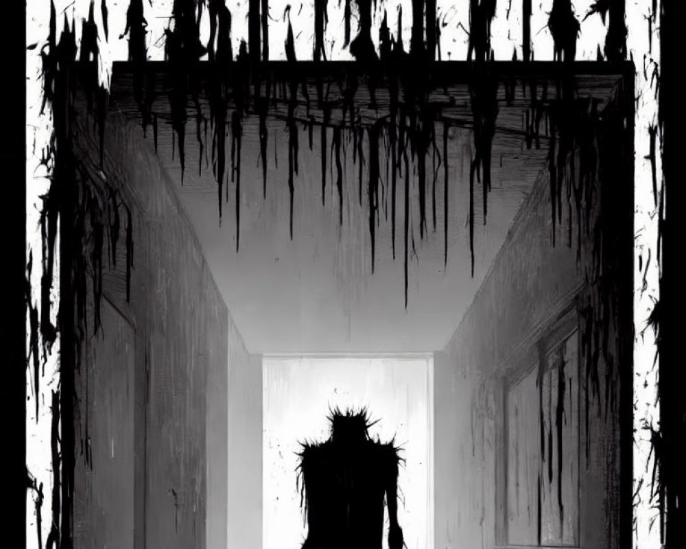 Mysterious figure in dark corridor with shadowy figures and black drips