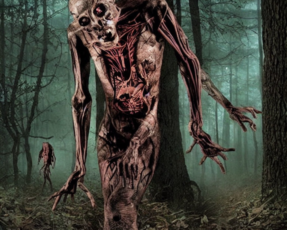 Skeletal creature with exposed muscles in gloomy forest