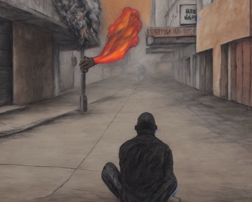 Lonely figure on empty street with distant person and flaming trash can