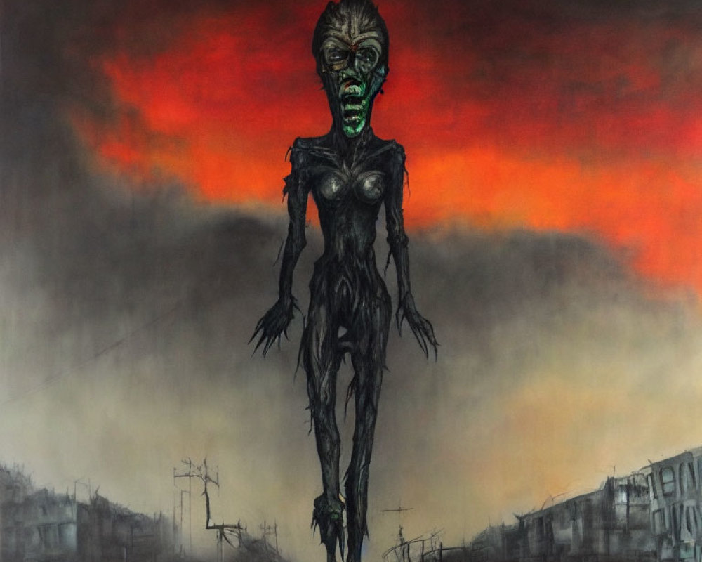 Green-skinned humanoid alien on desolate tracks under red sky