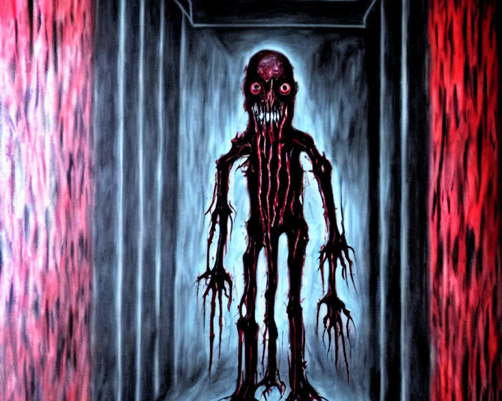Eerie painting of skeletal creature in dim corridor