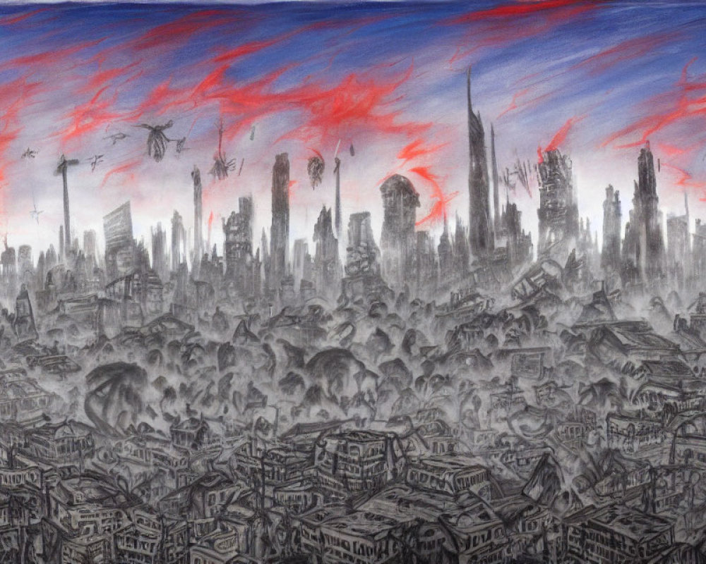Destroyed cityscape under stormy red sky with flying objects