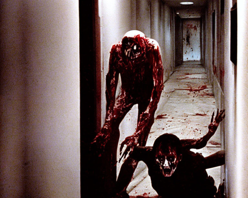 Blood-splattered corridor with two grotesque humanoid figures crawling.