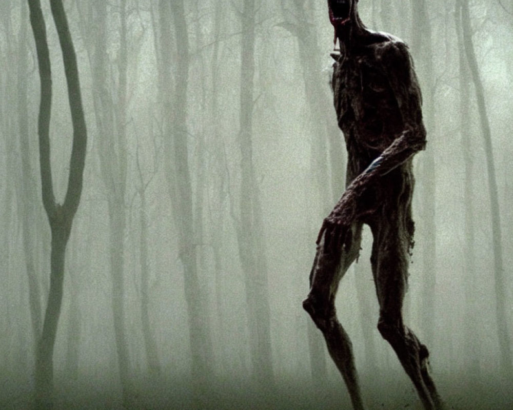 Elongated, emaciated creature in foggy forest evokes horror