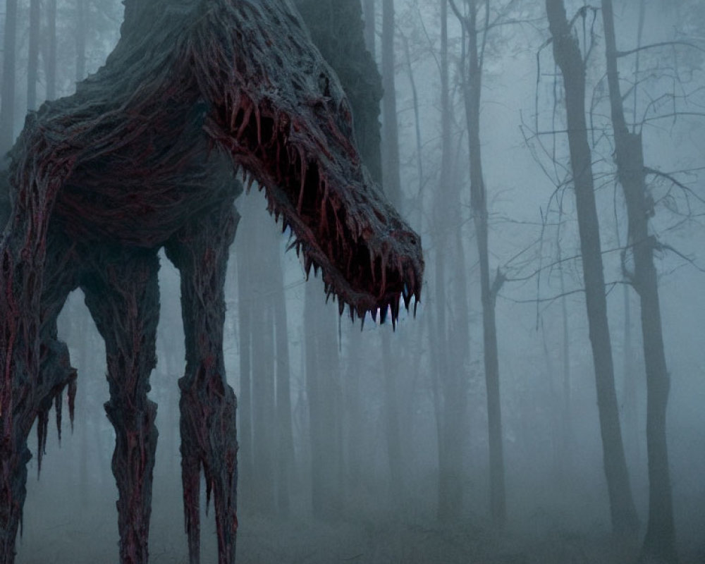 Menacing beast-like creature in foggy forest with sharp teeth and bloodied fibers