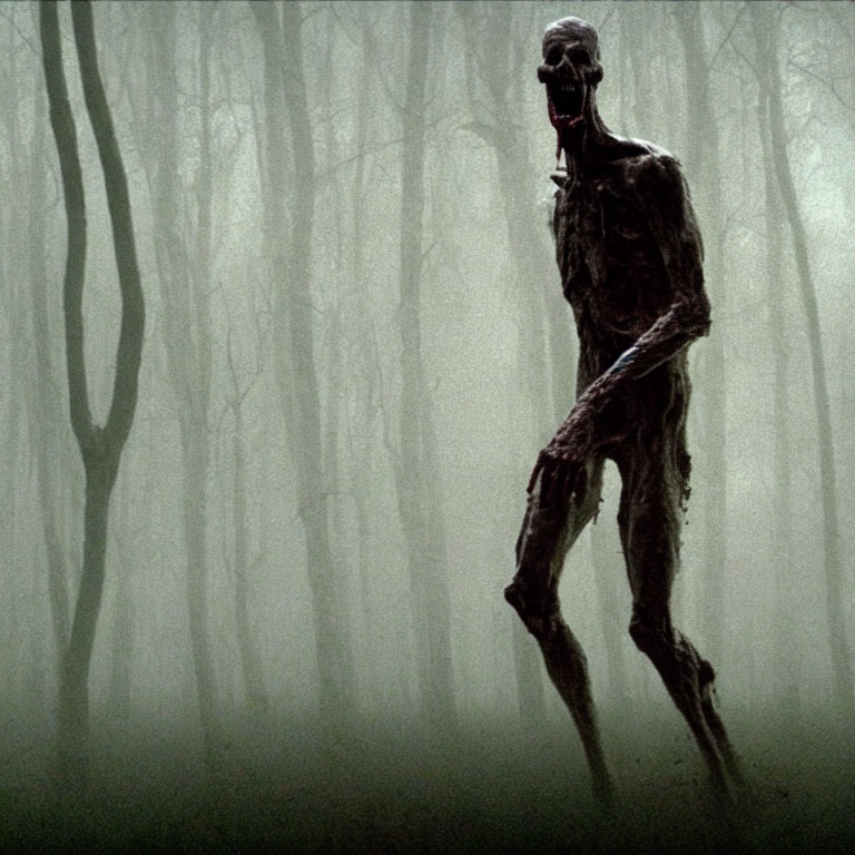 Elongated, emaciated creature in foggy forest evokes horror