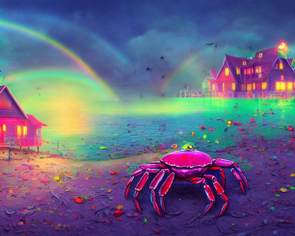 Colorful Digital Artwork: Neon Crab on Shore with Rainbow Sky and Lake Houses