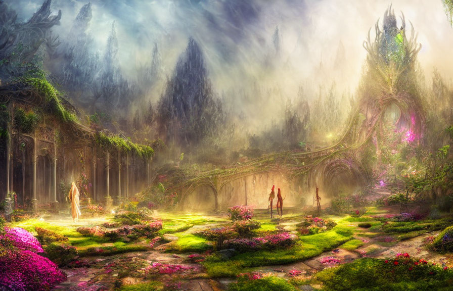 Mystical forest clearing with ruins, colorful flora, fog, and ethereal figures