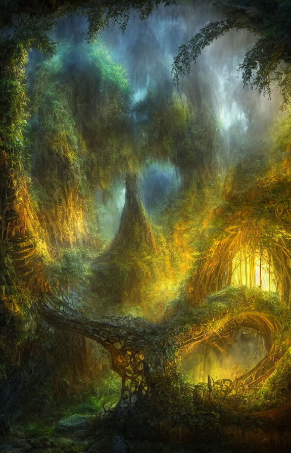 Ethereal forest scene with mist, sunlight, trees, and natural bridge