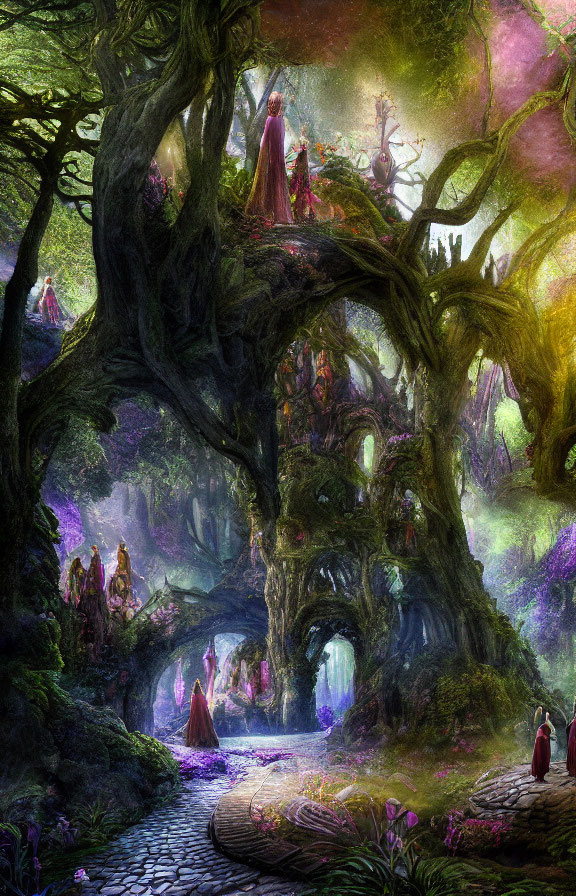 Enchanting forest scene with ancient trees, glowing lights, and ethereal figures