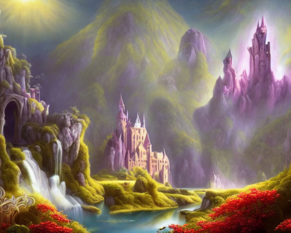 Enchanting landscape with castles, waterfalls, and vibrant flora