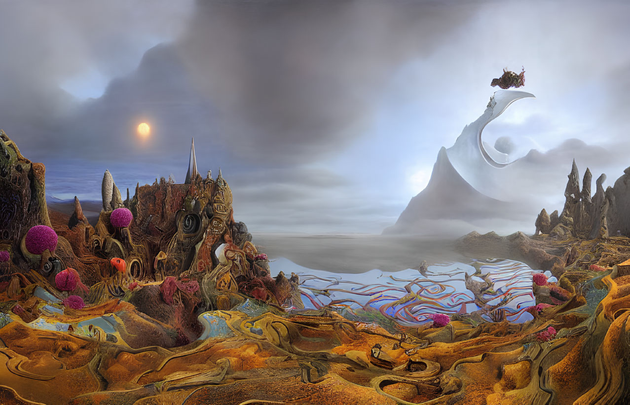 Surreal landscape with twisted peak, floating island, vibrant terrain, and castle-like structure under dual