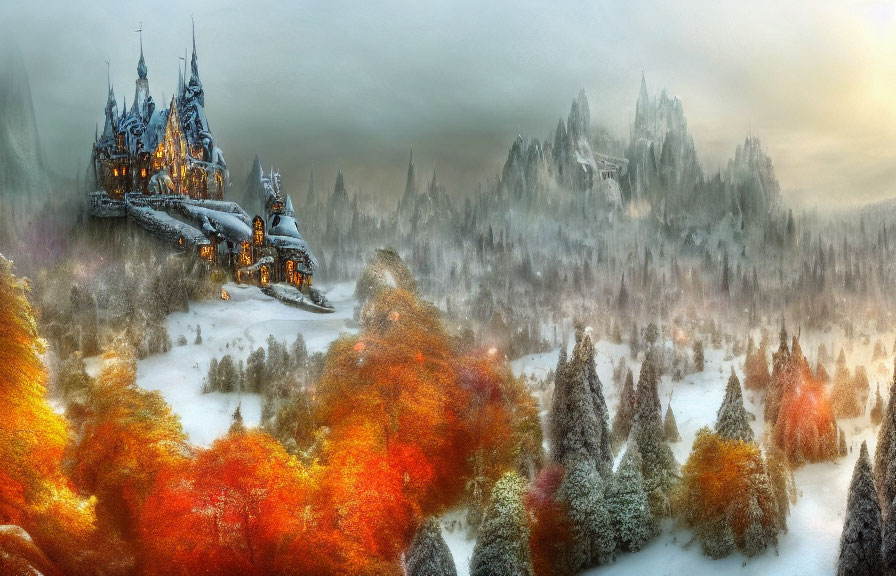 Panoramic fantasy landscape with majestic castle in snowy and autumnal setting
