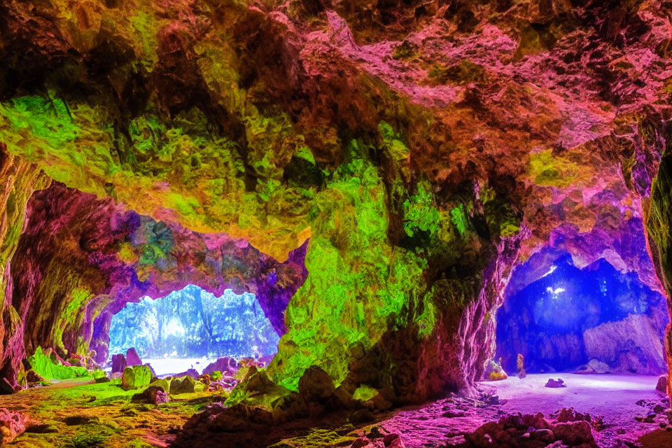 Vibrant Cave with Multicolored Lights and Rock Formations