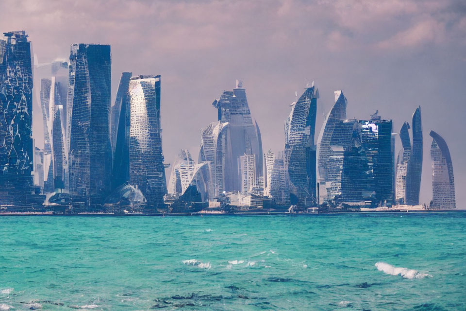Unique Futuristic Skyscrapers Over Turquoise Sea Skyline