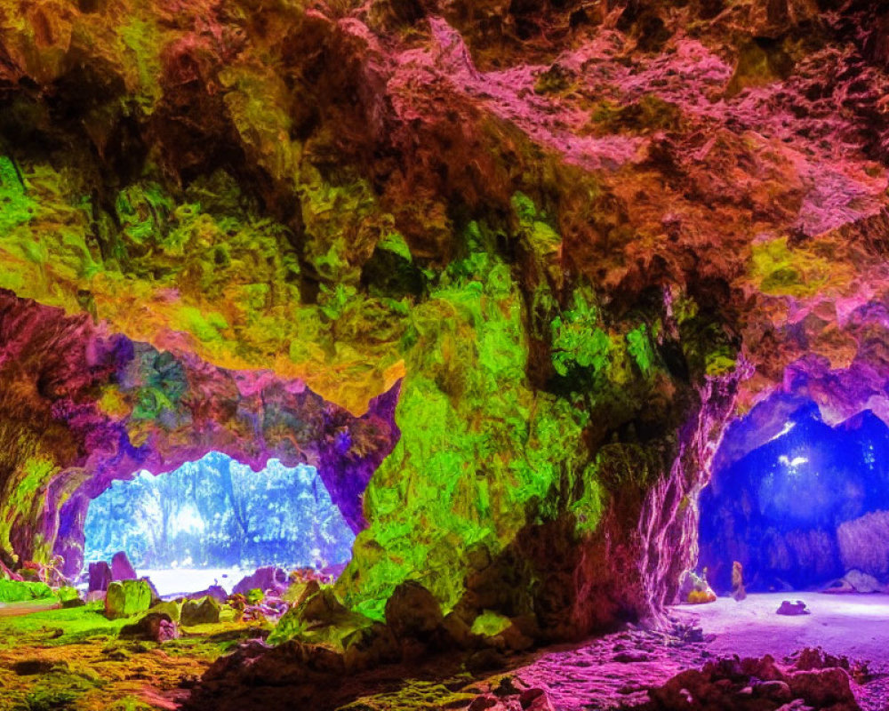Vibrant Cave with Multicolored Lights and Rock Formations
