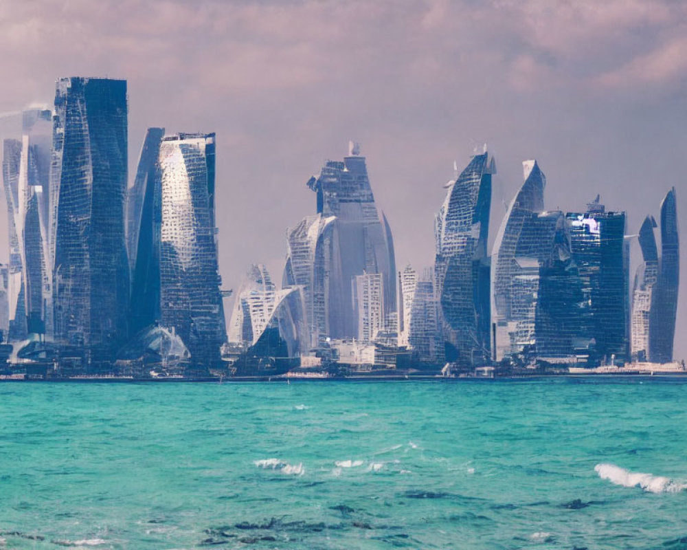 Unique Futuristic Skyscrapers Over Turquoise Sea Skyline