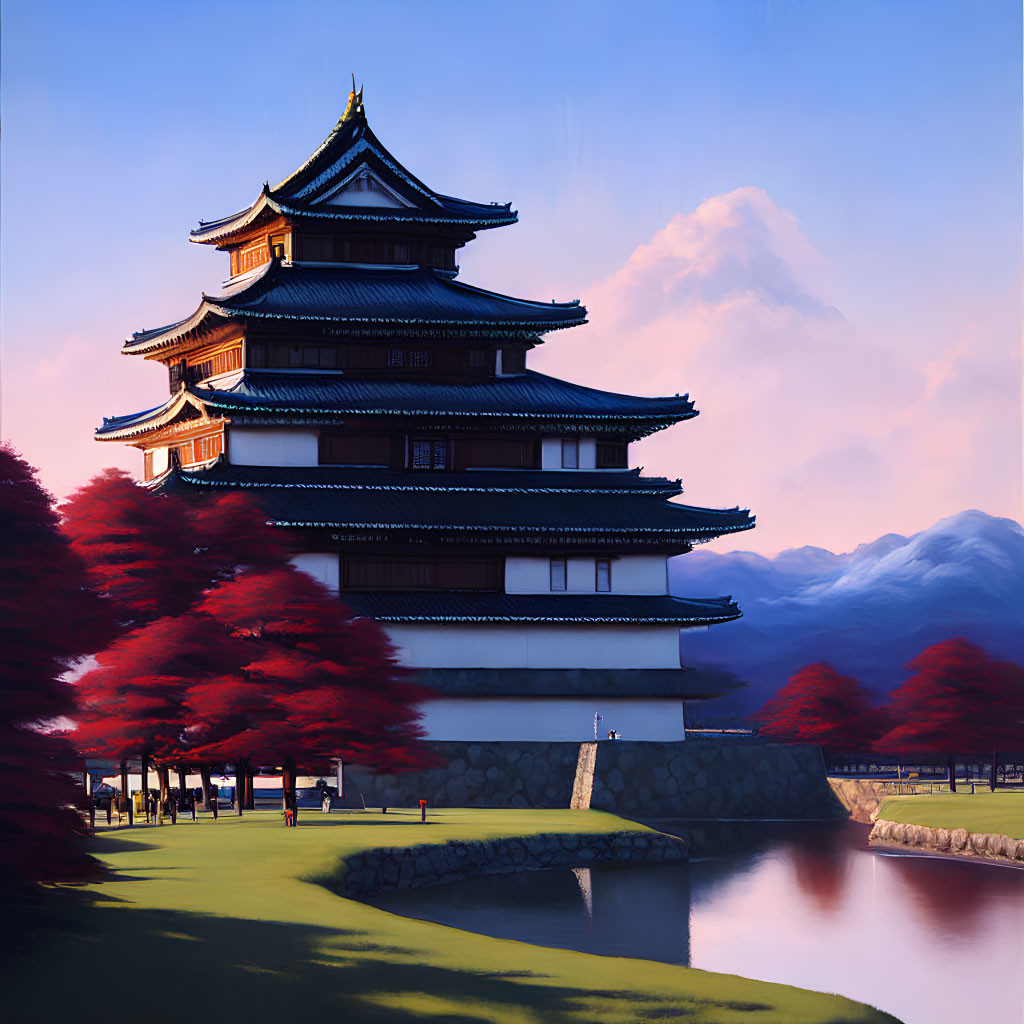 Japanese Castle with Blue Roofs by Serene Pond at Sunset