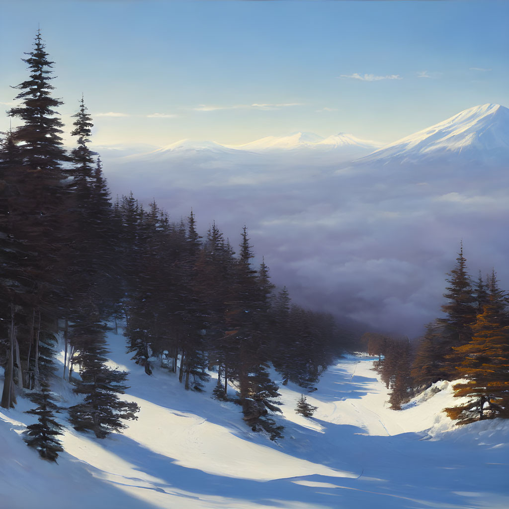 Snow-covered winter landscape with mist and mountains