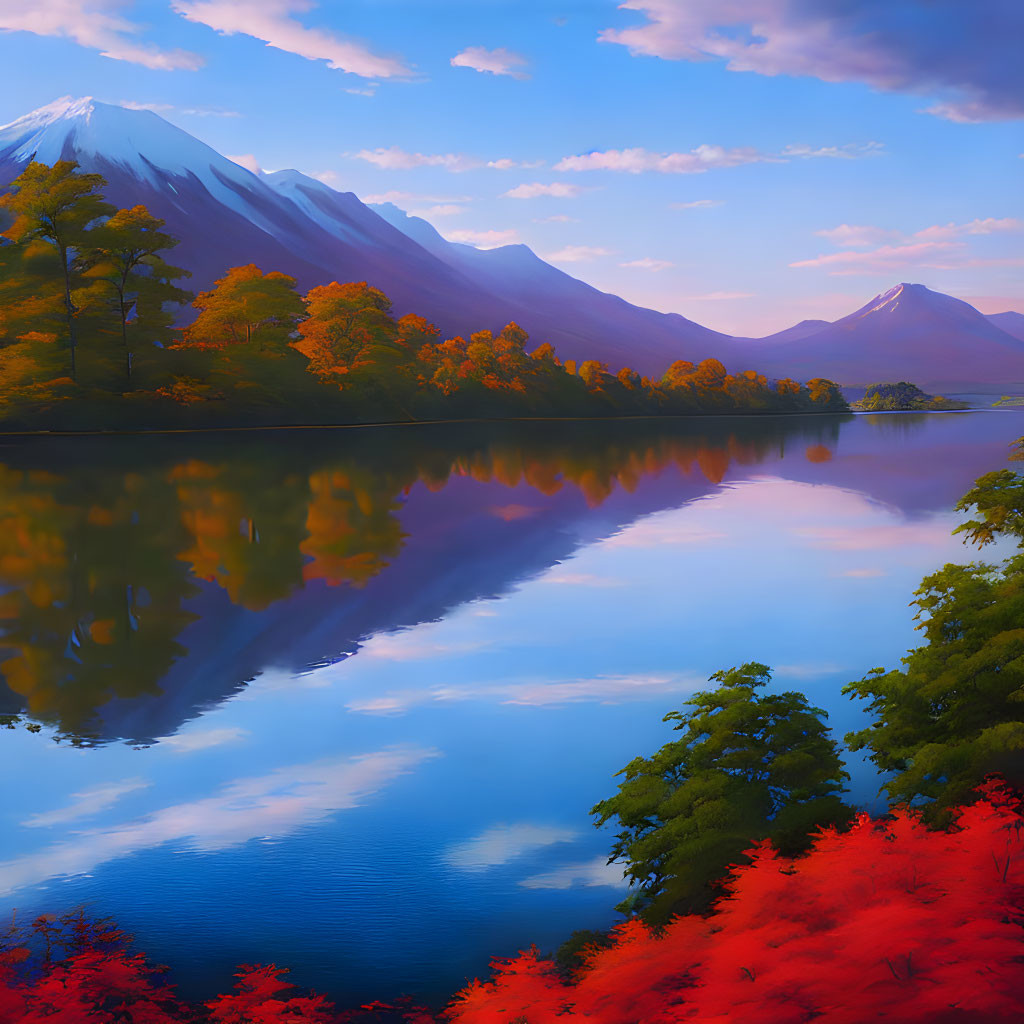 Autumn landscape: vibrant fall foliage, serene lake, snow-capped mountains