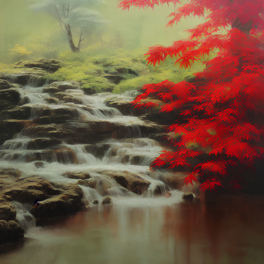 Tranquil waterfall scene with red foliage, greenery, and moss-covered rocks