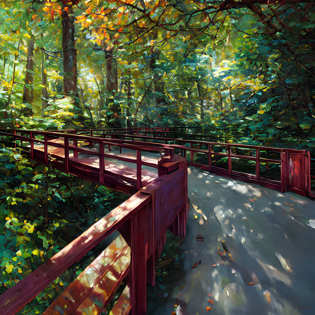 Tranquil Forest Scene with Wooden Bridge and Greenery