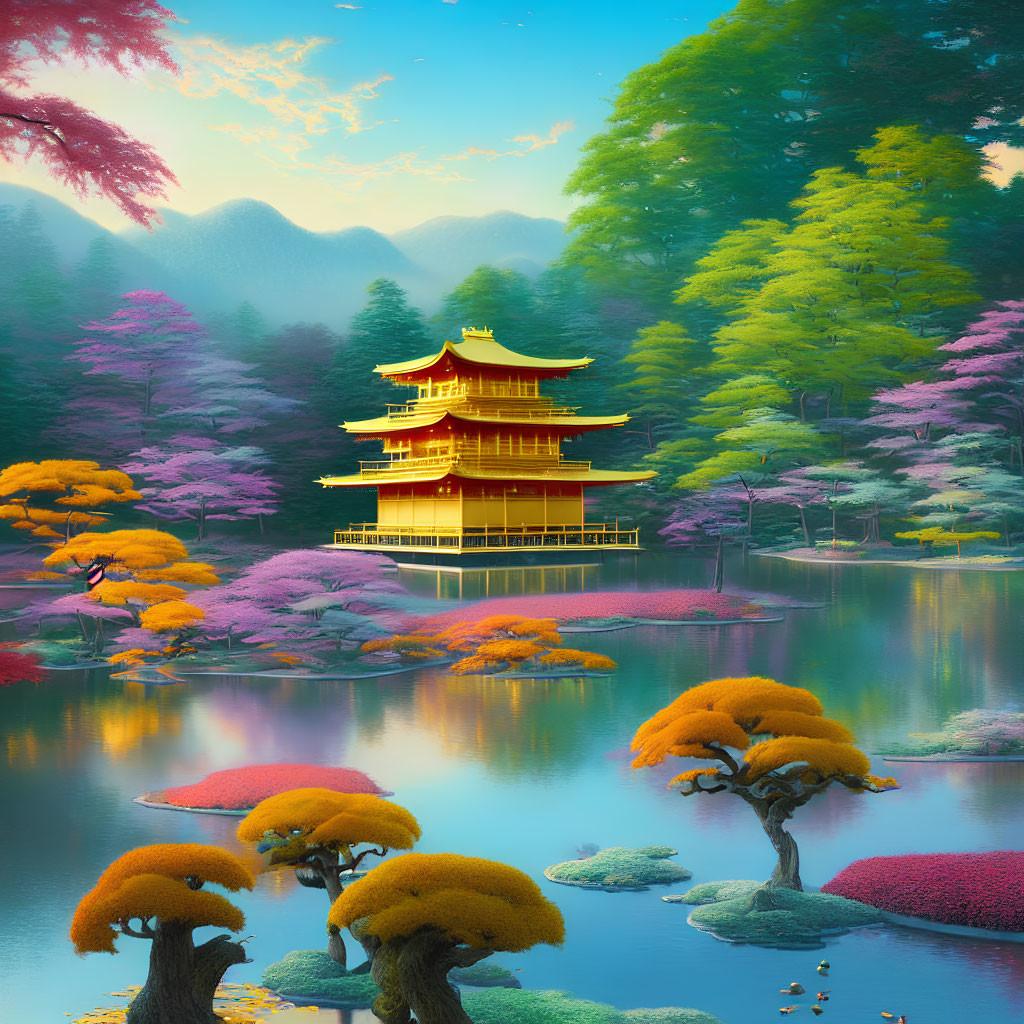 Golden Japanese temple with rainbow trees