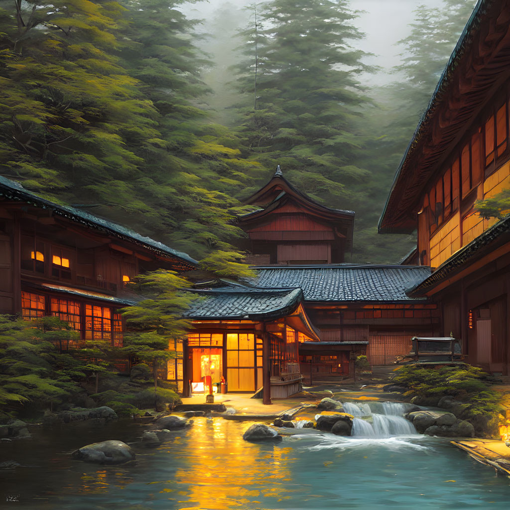 Traditional Japanese buildings by serene stream in forest with warm lights and misty ambiance