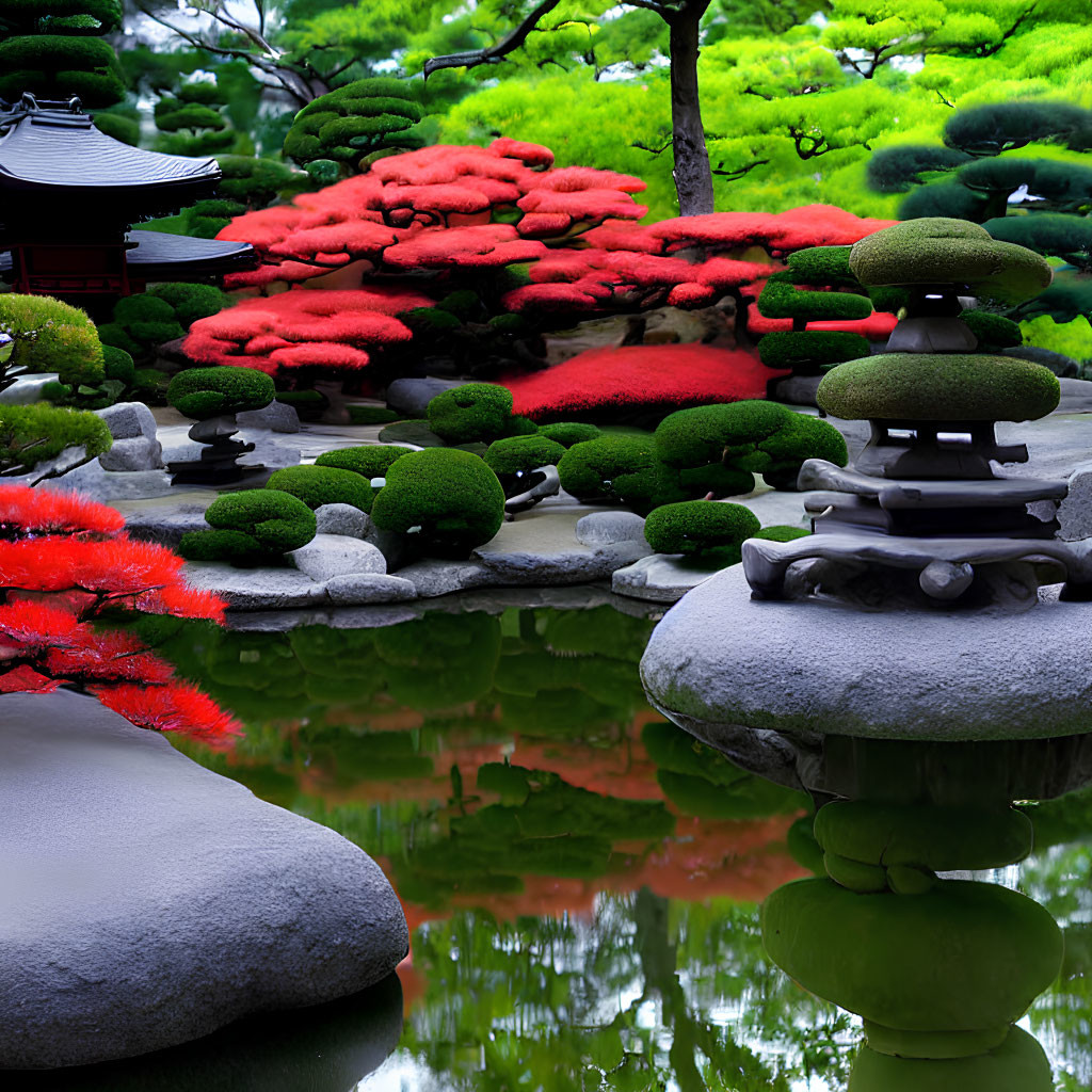 Tranquil Japanese garden with red maple trees and stone lantern