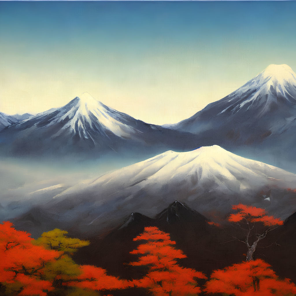 Snowy Mountain Peaks Over Autumn Forest in Serene Painting