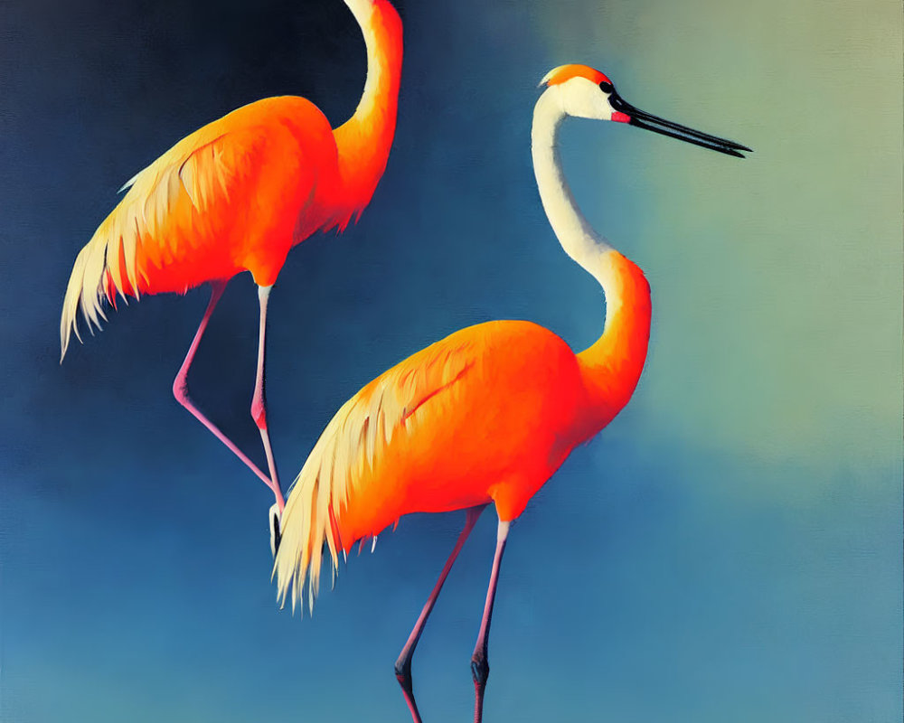 Vibrant orange flamingos on soft blue background