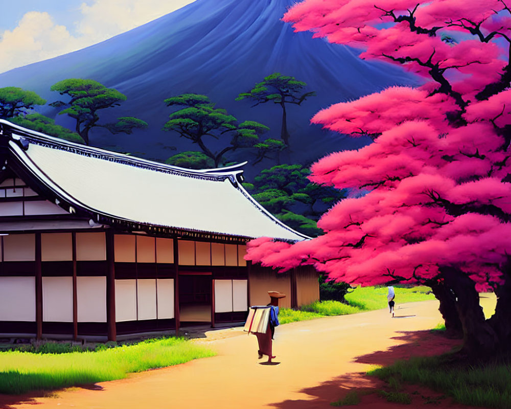 Traditional Japanese scene with person, building, blooming tree, Mount Fuji.