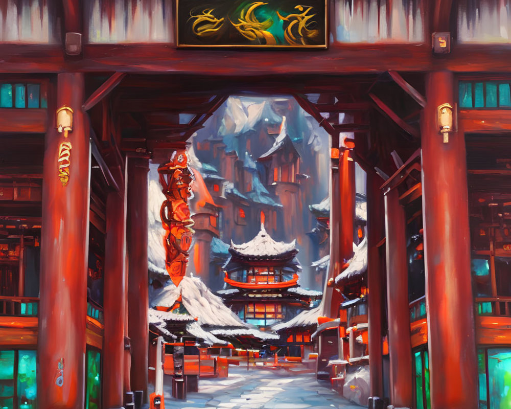 Ancient Asian street scene with red pillars, traditional buildings, pagoda, and mountain backdrop under wooden