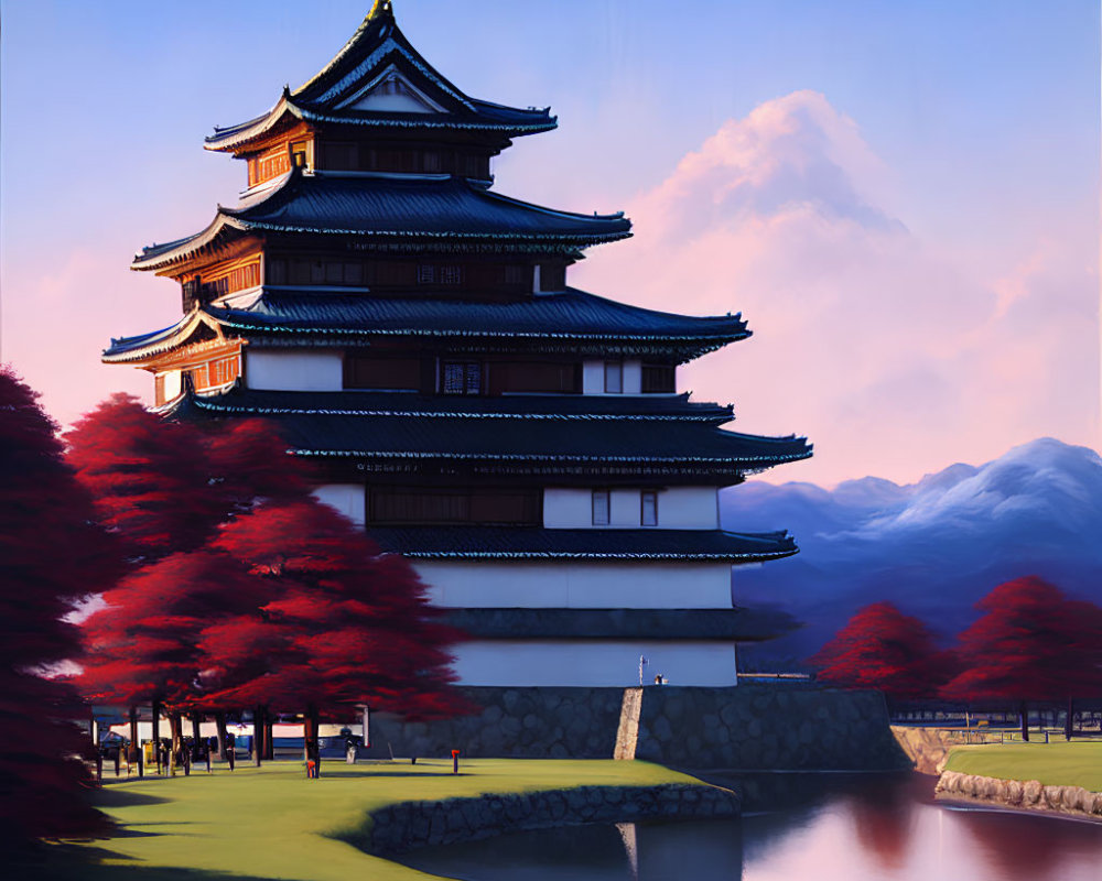 Japanese Castle with Blue Roofs by Serene Pond at Sunset
