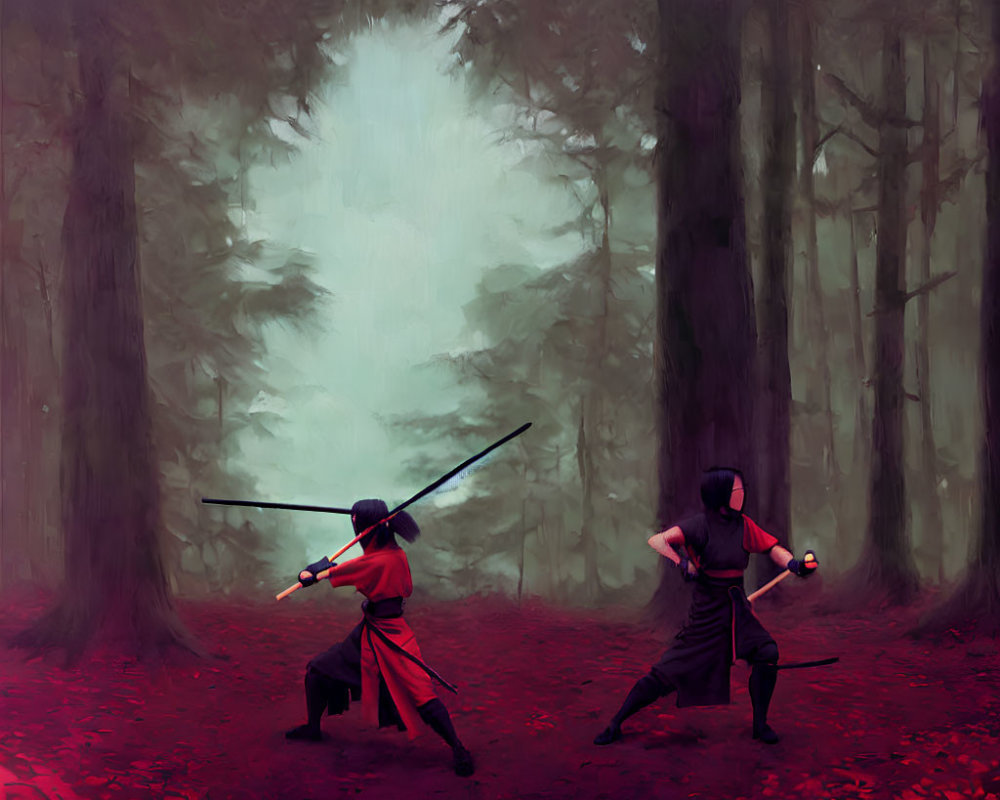 Silhouetted individuals with swords in misty red forest
