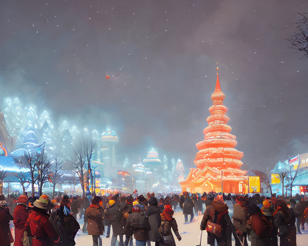 Nighttime winter festival with ice sculptures and pagoda in snowfall