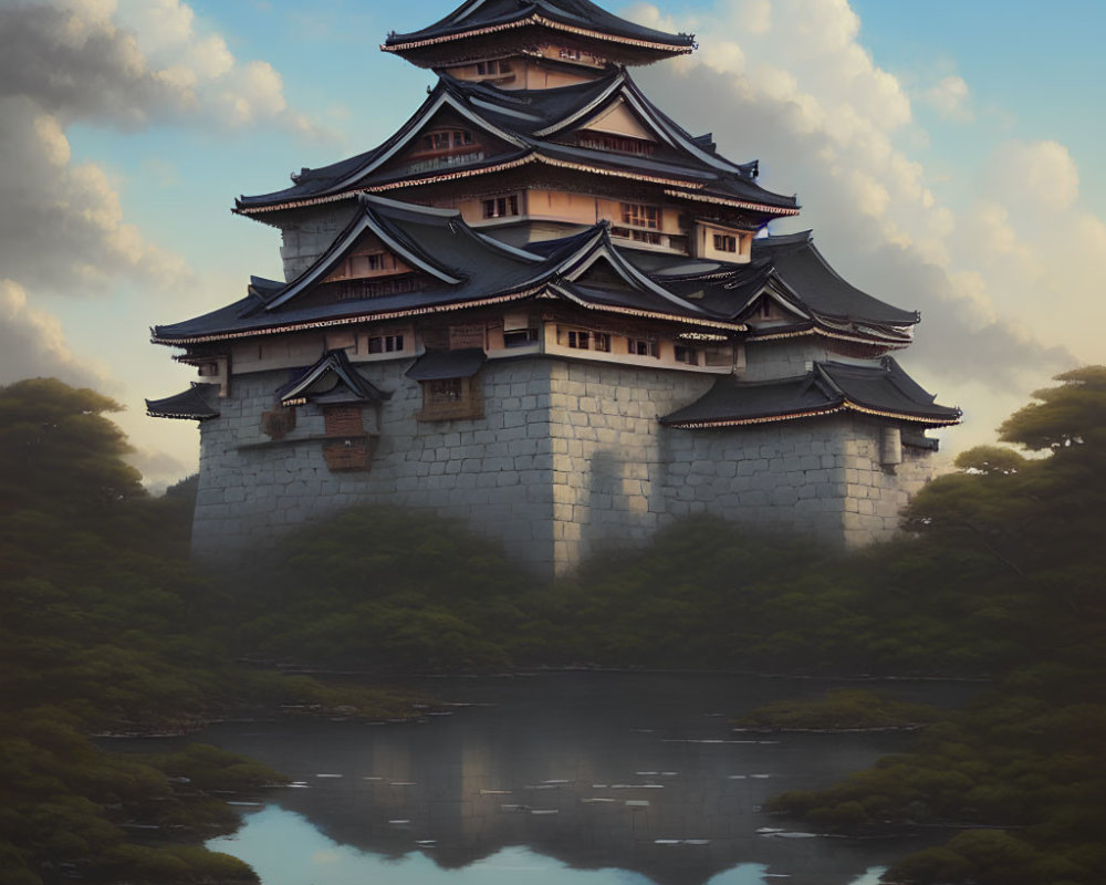 Japanese castle with tiered roofs in serene setting surrounded by lush foliage and reflected in pond under cloudy sky
